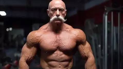 AI Video from prompt: a massive vascular densely muscled 70year old ba