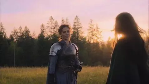 AI Video from prompt: Beautiful strong warrior goes to meet woman with