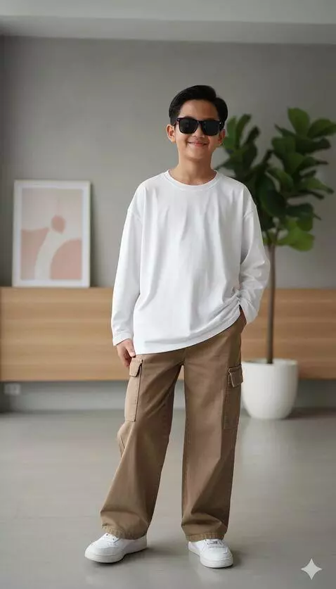 AI Video from prompt: The boy reviews his pants by showing their detai