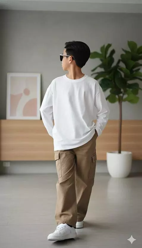 AI Video from prompt: The boy walks forward at a relaxed pace, while t