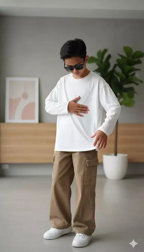 AI Video from prompt: The boy gently smooths his jacket, then adjusts 