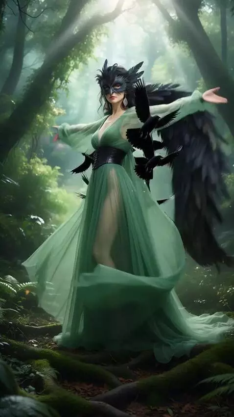 AI Video from prompt: She opens her arms wide, and a flock of black ra