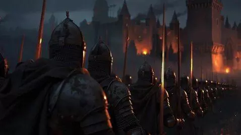 AI Video from prompt: medieval. dark fantasy. cold colors. marching so