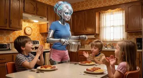 AI Video from prompt: A robotic elf nanny dances and sings while holdi