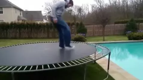AI Video from prompt: jumps on trampoline the trampoline breaks and he