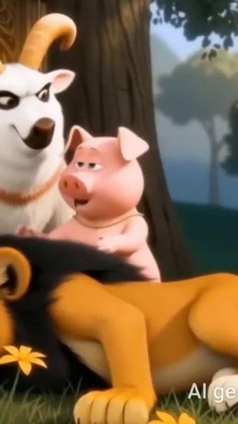 AI Video from prompt: Piglet reconciles the ram and the lioness