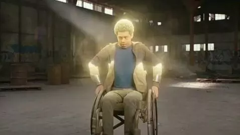 AI Video from prompt: inside an abandoned warehouse a teenager in a wh