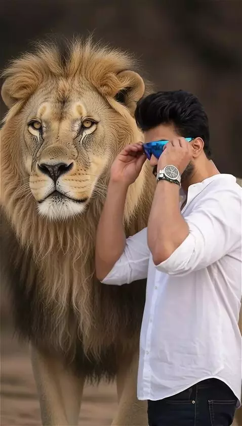 AI Video from prompt: He puts on blue shiny glasses and hugs a lion