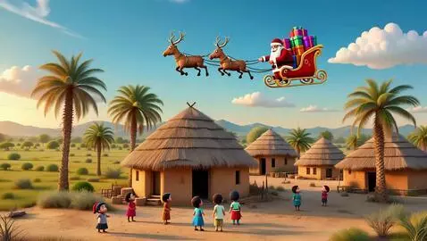 AI Video from prompt: “Santa Claus flies through a clear sky in a magi