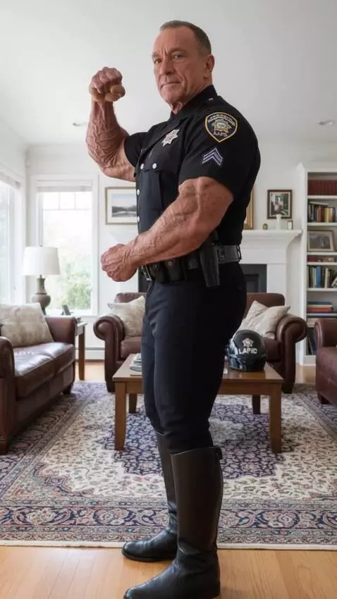 AI Video from prompt: a pro bodybuilder cop flexes his massive bicep