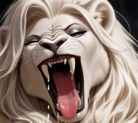 AI Video from prompt: anthro white lion womans face. she yawns and nos
