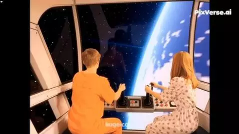 AI Video from prompt: A spaceship carrying two children orbits an exop