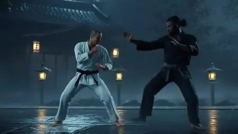 AI Video from prompt: A dynamic and technical duel between two karate 