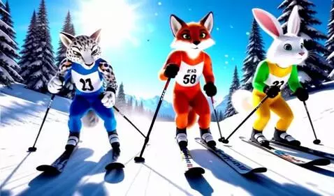 AI Video from prompt: Cartoon animals (a snow leopard, a fox, and a ra