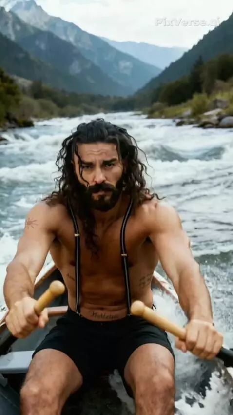 AI Video from prompt: Cinematic style. A man is sailing a boat down a 