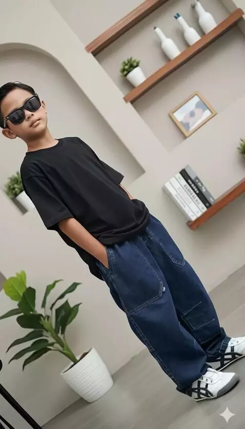 AI Video from prompt: “The boy showcases his pants as the camera perfo