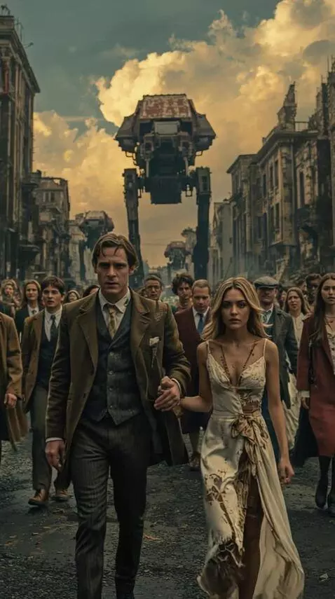 AI Video from prompt: People walk down the street, looking back in fea