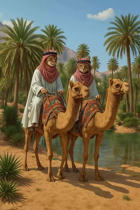 AI Video from prompt: Camellos caminan lentamente, jinetes sonrien,int
