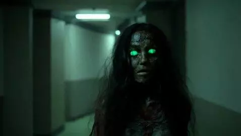 AI Video from prompt: A zombie Desi college girl with long, tangled bl