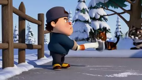 AI Video from prompt: A grumpy cartoon janitor in winter clothes throw