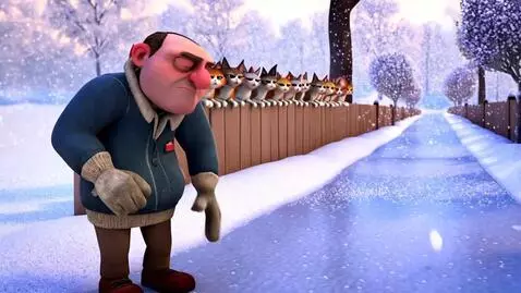 AI Video from prompt: A grumpy cartoon janitor in winter clothes throw