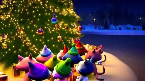 AI Video from prompt: Cartoon cats in festive hats waiting around a Ch