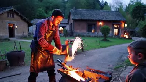 AI Video from prompt: The village, the forge at night. The blacksmith 