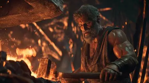 AI Video from prompt: "Cinematic close-up: Hephaestus, god of the forg
