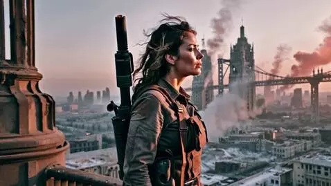 AI Video from prompt: A sexy post-apocalyptic woman standing on the ed