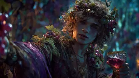 AI Video from prompt: Cinematic close-up: Dionysus, god of wine. His e