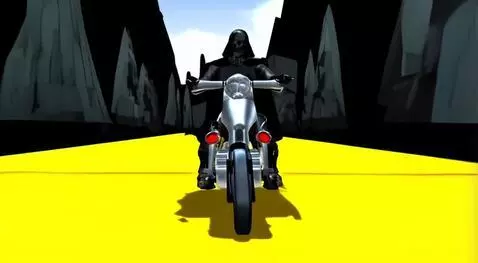 AI Video from prompt: darth vader riding a motorcycle down the yellow 