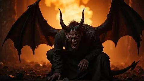 AI Video from prompt: The devil, defeated and humiliated, crouches in 