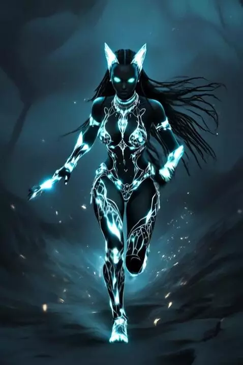AI Video from prompt: the woman runs with a glowing spear in hand