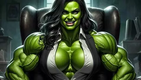 AI Video from prompt: She-Hulk sits in office, flexing biceps, muscle 