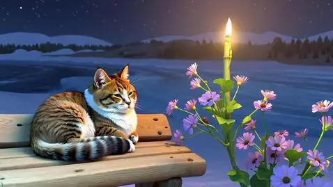 AI Video from prompt: Peaceful night scene with a cat curled on a wood