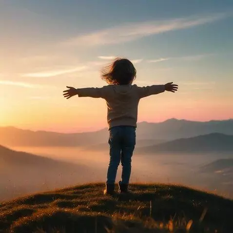 AI Video from prompt: A lone child standing on a grassy hilltop at sun