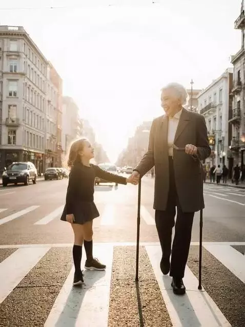 AI Video from prompt: A young girl gently helping an elderly woman cro