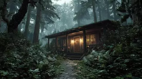 AI Video from prompt: "Slow approach to isolated 1950s cabin in misty 