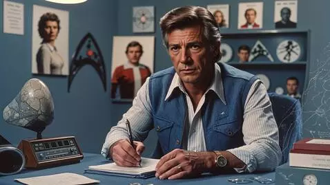 AI Video from prompt: Medium shot of 1970s television creator at desk 