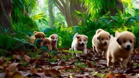 AI Video from prompt: Excited puppies playing in the jungle