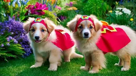 AI Video from prompt: Dutch shepherd puppy brother duo super heros in 