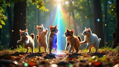 AI Video from prompt: Rainbow prisums refracting light off cats dancin