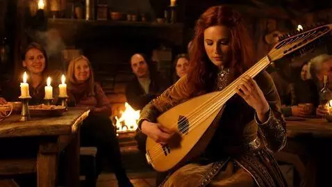 AI Video from prompt: Woman bard playing lute in tavern.