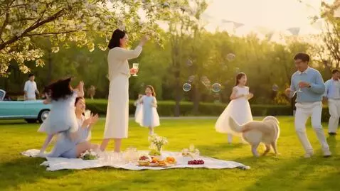 AI Video from prompt: Under a golden afternoon sun, well-dressed famil