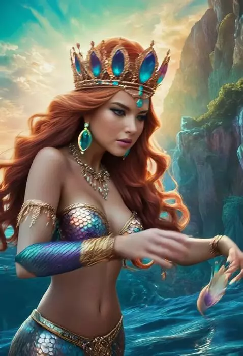 AI Video from prompt: A mermaid dives into the water behind her and pl