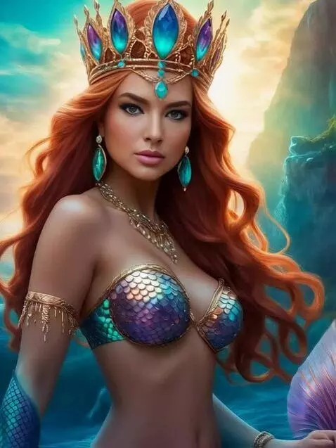 AI Video from prompt: A mermaid dives into the water behind her and pl