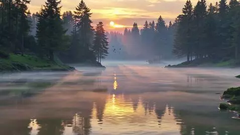 AI Video from prompt: Golden sunrise over a calm forest river, soft mo