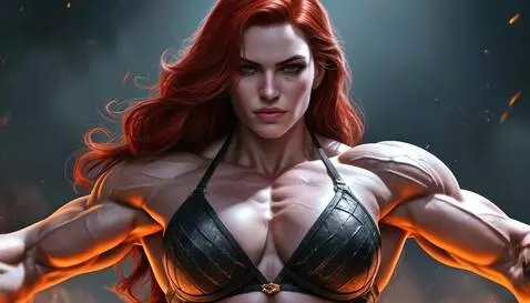 AI Video from prompt: Red Sonja pectoral flexing, most muscular pose b