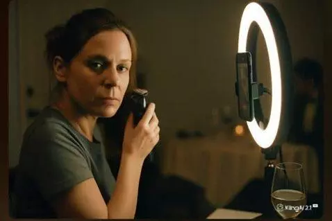 AI Video from prompt: A woman sits solemnly in front of a glowing ring