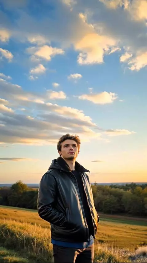 AI Video from prompt: the guy stands and looks at the sunrise, the cam